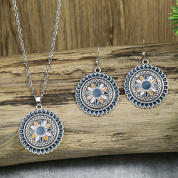 Flower Alloy Enamel Pendant Necklaces & Dangle Earrings Sets, Marine Blue, 390mm