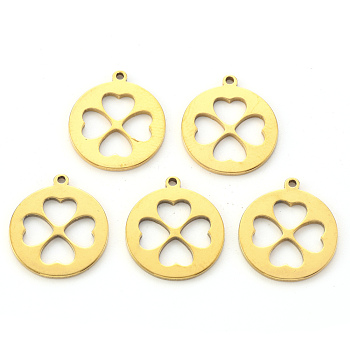 Vacuum Plating 201 Stainless Steel Pendants, Laser Cut, Flat Round with Clovers, Golden, 18x15.5x1mm, Hole: 1.2mm