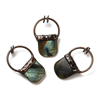 Natural Labradorite Pendants, Red Copper Tone Brass Square Charms with Jump Rings, 45~48x30~31x10~11mm, Hole: 6.5mm