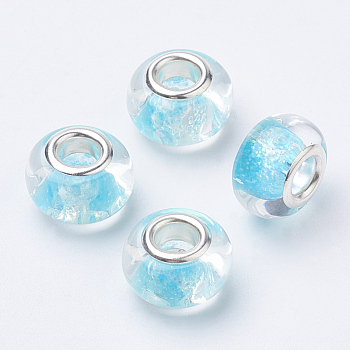 Resin European Beads, Large Hole Beads, with Glitter Powder & Platinum Tone Brass Double Cores, Rondelle, Cyan, 14x9mm, Hole: 5mm