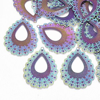 Ion Plating(IP) 304 Stainless Steel Filigree Pendants, Etched Metal Embellishments, Teardrop, Rainbow Color, 45x35x0.3mm, Hole: 2mm