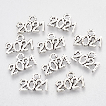 Tibetan Style Alloy Charms, Number 2021, Lead Free & Cadmium Free, Antique Silver, 9.5x13.5x1.5mm, Hole: 1.8mm
