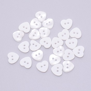 Resin Button, Mixed Dyed and Undyed, 2-hole, Heart, White, 10.5x11x2.1mm, Hole: 1.6mm