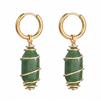 Copper Wire Wrapped Natural Green Aventurine Dangle Earrings for Women, 304 Stainless Steel Huggie Hoop Earrings, 39mm, Pin: 1mm