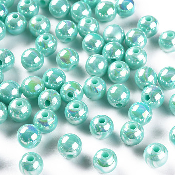 Opaque Acrylic Beads, AB Color Plated, Round, Pale Turquoise, 8x7mm, Hole: 2mm, about 1745pcs/500g