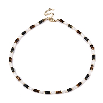 Column Natural Tiger Eyes & Kambaba Jasper & White Shell Beaded Necklaces for Women, Real 16K Gold Plated, 15.47 inch(39.3cm)