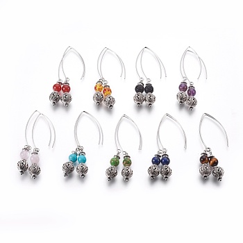 Natural & Synthetic Mixed Gemstone Beads Dangle Earrings Sets, with Alloy Findings and 304 Stainless Steel Earring Hooks, Round, Stainless Steel Color & Antique Silver, 72mm, Pendant: 32x8mm, Pin: 0.7mm, 9pairs/set