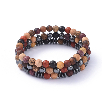 Stretch Bracelets Set, Stackable Bracelets, with Wood Beads and Non-Magnetic Synthetic Hematite Beads, Burlap Bags, 2-1/4 inch(5.7cm), 3pcs/set