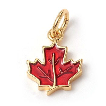 Autumn Theme Brass Charms, with Enamel and Jump Rings, Long-Lasting Plated, Maple Leaf, Red, Golden, 11.5x9x2mm, Jump Ring: 5x0.7mm, Inner Diameter: 3.6mm