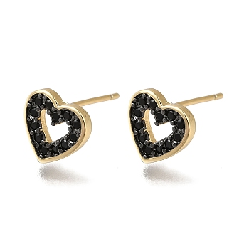 Rack Plating Brass Micro Pave Cubic Zirconia Stud Earring, Long-Lasting Plated, Cadmium Free & Lead Free, Heart with Hollow Heart, Black, Real 18K Gold Plated, 9x9.5mm