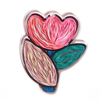 Colorful Acrylic Pendants, Flower, Teal, 35x28x2.5mm, Hole: 1.6mm