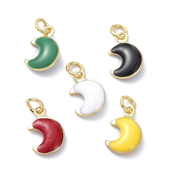 Brass Enamel Charms, Real 18K Gold Plated, with Jump Rings, Moon, Cadmium Free & Lead Free, Mixed Color, 11x7x3.5mm, Hole: 2.6mm