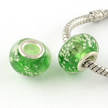 Glow In The Dark Handmade Luminous Style Lampwork Large Hole European Beads, with Silver Tone Brass Cores, Rondelle, Lime Green, 14x9~10mm, Hole: 5mm