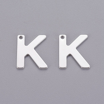 201 Stainless Steel Charms, Letter, Silver Color Plated, Letter.K, 11x9x0.7mm, Hole: 1mm