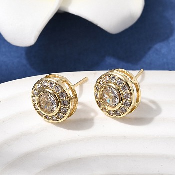 Flat Round Brass Micro Pave Clear Cubic Zirconia Stud Earrings, Pave Cluster Earring, Long-Lasting Plated, Rack Plating, Lead Free & Cadmium Free, Real 18K Gold Plated, 10.5mm