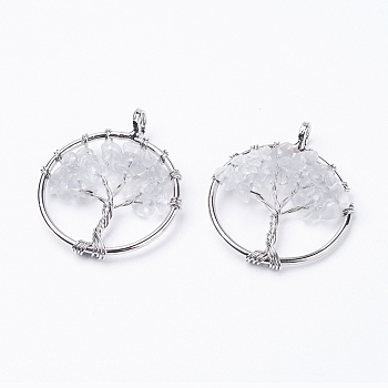 Natural Quartz Crystal Pendants, with Brass Findings, Flat Round with Tree of Life, Platinum, 29x5~7mm, Hole: 4.5mm