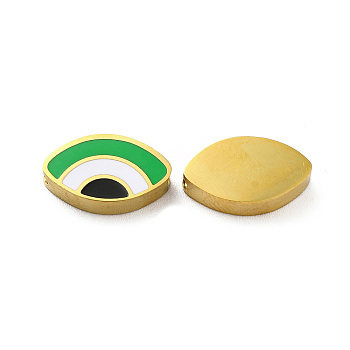 Ion Plating(IP) 304 Stainless Steel Beads, with Enamel, Real 18K Gold Plated, Eye, Green, 8x13.5x3mm, Hole: 1.8mm