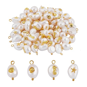 40Pcs 4 Styles Natural Keshi Pearl Pendants, with Golden Tone Alloy Cabochons and Brass Loops, Oval & Nuggets, Seashell Color, 13~16x8~9x5~8mm, Hole: 2mm, 10pcs/style