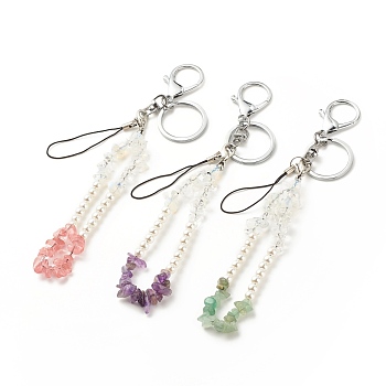 Synthetic & Natural Gemstone with Acrylic Bracelet Keychain, with Alloy Findings and Nylon Cord, 18cm, 3pc/set