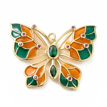 Rack Plating Brass Micro Pave Cubic Zirconia Pendants, with Enamel, Real 18K Gold Plated, Long-Lasting Plated, Lead Free & Cadmium Free, Butterfly, Green, 30x39.5x3mm, Jump Ring: 5x0.8mm, 3.4mm inner diameter