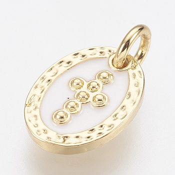 Brass Enamel Charms, Lead Free & Cadmium Free, Oval with Cross, Golden, 12x9x2mm, Hole: 2.8mm