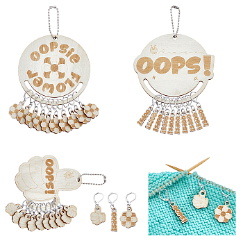 30Pcs 3 Styles Wood Pendant Locking Stitch Markers, with Iron Leverback Earring Findings and Iron Ball Chains, Blanched Almond, 14~17cm, 10pcs/style