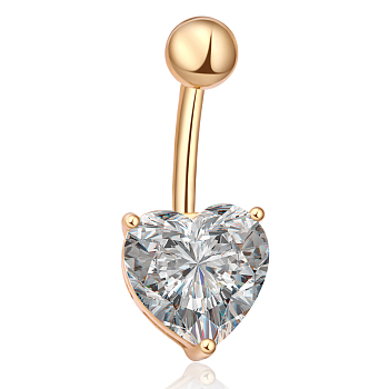 Real 18K Gold Plated Body Jewelry Heart Cubic Zirconia Brass Navel Ring Navel Ring Belly Rings, with 304 Stainless Steel Bar, Clear, 25x10mm, Bar Length: 3/8"(10mm), Bar: 14 Gauge(1.6mm)
