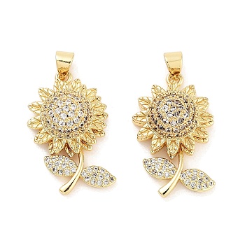 Rack Plating Brass Micro Pave Clear Cubic Zirconia Pendants, Long-Lasting Plated, Lead Free & Cadmium Free, Sunflower, Real 18K Gold Plated, 25.5x15.5x8.5mm, Hole: 5x3.5mm