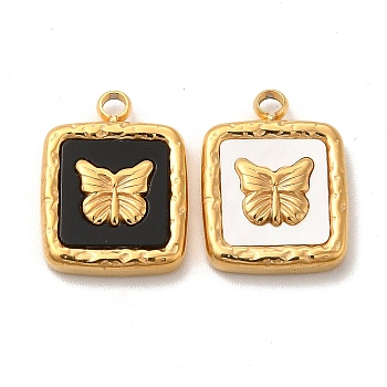 Vacuum Plating 304 Stainless Steel Pendants, with Shell & Acrylic, Square with Butterfly, Golden, 16x12x3mm, Hole: 1.8mm