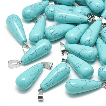 Dyed Synthetic Turquoise Pendants, with Stainless Steel Snap On Bails, teardrop, 28~30x10~12mm, Hole: 6x4mm