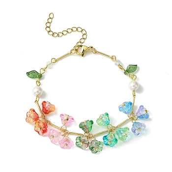 Flower & Leaf & Imitation Pearl Glass Charm Bracelet, with Golden Brass Bar Link Chains for Women, Colorful, 7-1/4 inch(18.5cm)