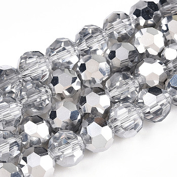 Transparent Electroplate Glass Beads Strands, Faceted, Half Silver Plated, Round, Silver, 8mm, Hole: 1.4mm, about 66~67pcs/strand, 19.02~19.29 inch(48.3~49cm)