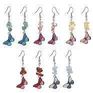 Synthetic & Natural Mixed Gemstone Chips Dangle Earrings, Alloy Enamel Butterfly Long Drop Earrings with 304 Stainless Steel Pins, 53x18mm(EJEW-JE05340)