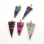 Plated Natural Druzy Agate Triangle Pendants, with Light Gold Plated Brass Findings, 35~47x13~25x7~18mm, Hole: 6x5mm(G-R275-08)