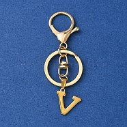 304 Stainless Steel Initial Letter Charm Keychains, with Alloy Clasp, Golden, Letter V, 8.5cm(KEYC-YW00005-22)
