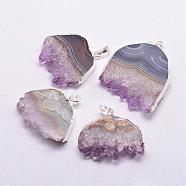 Natural Amethyst Pendants, Nuggets, with Silver Color Plated Plated Brass Finding, 35~50x25~40x7~9mm, Hole: 7x5mm(G-K110-03S)
