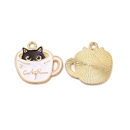 Alloy Enamel Pendants, Cadmium Free & Nickel Free & Lead Free, Golden, Cup with Cat Charm, White, 19x20x1mm, Hole: 1.8mm(ENAM-C005-15G)