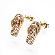 Brass Micro Pave Cubic Zirconia Stud Earrings, Flip Flops/Slipper, Golden, Colorful, 12x5.5~6mm, Pin: 0.8mm(EJEW-L229-02G)
