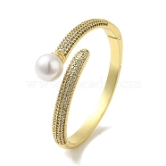 Rack Plating Brass Micro Pave Clear Cubic Zirconia Open Cuff Bangles for Women, with Glass Pearl Round Ball, Cadmium Free & Lead Free, Long-Lasting Plated, Real 18K Gold Plated, Inner Diameter: 2-3/8 inch(5.9cm)(BJEW-P323-01G)