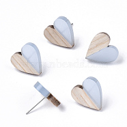 Transparent Resin & Wood Stud Earrings, with 304 Stainless Steel Pin, Heart, Light Steel Blue, 15x14~15mm, Pin: 0.7mm(EJEW-N017-002A-D01)
