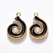 Brass Micro Pave Cubic Zirconia Pendants, with ABS Plastic Imitation Pearl, Enamel, Nickel Free, Spiral, Real 18K Gold Plated, Black, 17x11x4.5mm, Hole: 1mm(X-KK-T049-051G-02-NF)