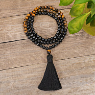 Natural Black Stone & Tiger Eye 108 Mala Prayer Round Beaded Wrap Necklaces with Long Tassel, for Yoga Meditation, Black, 33.86 inch(86cm)(FS-WG54ED5-02)