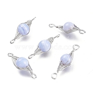 Natural Blue Lace Agate Links Connectors, Wire Wrapped Links, with Platinum Tone Brass Wires, Round, Undyed, 34x11x10mm, Hole: 3x2.5mm(X-G-K305-A05-P)