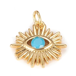 Brass Micro Pave Cubic Zirconia Pendants, Sun with Blue Eye, Real 18K Gold Plated, 16.9x15.7x3mm, Hole: 3mm, Jump Ring: 5x0.8mm(KK-O126-11G)