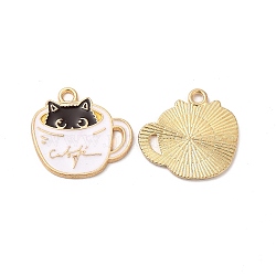 Alloy Enamel Pendants, Cadmium Free & Nickel Free & Lead Free, Golden, Cup with Cat Charm, White, 19x20x1mm, Hole: 1.8mm(ENAM-C005-15G)