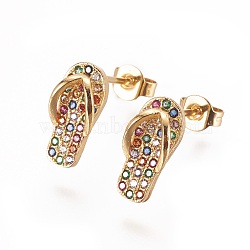 Brass Micro Pave Cubic Zirconia Stud Earrings, Flip Flops/Slipper, Golden, Colorful, 12x5.5~6mm, Pin: 0.8mm(EJEW-L229-02G)