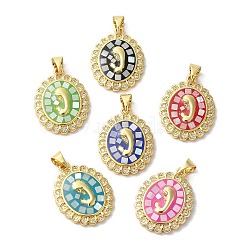 Oval with Virgin Face Brass Micro Pave Cubic Zirconia Pendants, with Enamel & Shell, Long-Lasting Plated, Lead Free & Cadmium Free, Real 18K Gold Plated, Mixed Color, 22x17x3mm, Hole: 5.5x4mm(KK-K385-042G)