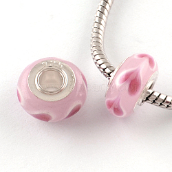 Heart Pattern Handmade Lampwork European Rondelle Beads, with Silver Color Plated Brass Cores, Large Hole Beads, Pink, 14~15x8mm, Hole: 4.5mm(X-LPDL-R005-06)