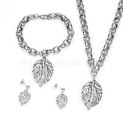 304 Stainless Steel Jewelry Sets, Pendant Necklaces & Charm Bracelets & Stud Earrings, Leaf, Stainless Steel Color, 17.72 inches(45cm), 8-1/4  inches(210mm), 21x14.5x2mm, Pin: 0.8mm(SJEW-E072-11P)