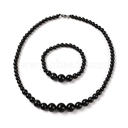 Natural Obsidian Round Beads Bracelets & Necklaces Sets, with 304 Stainless Steel Clasps, 18.70 inch(475mm)(SJEW-L132-15)